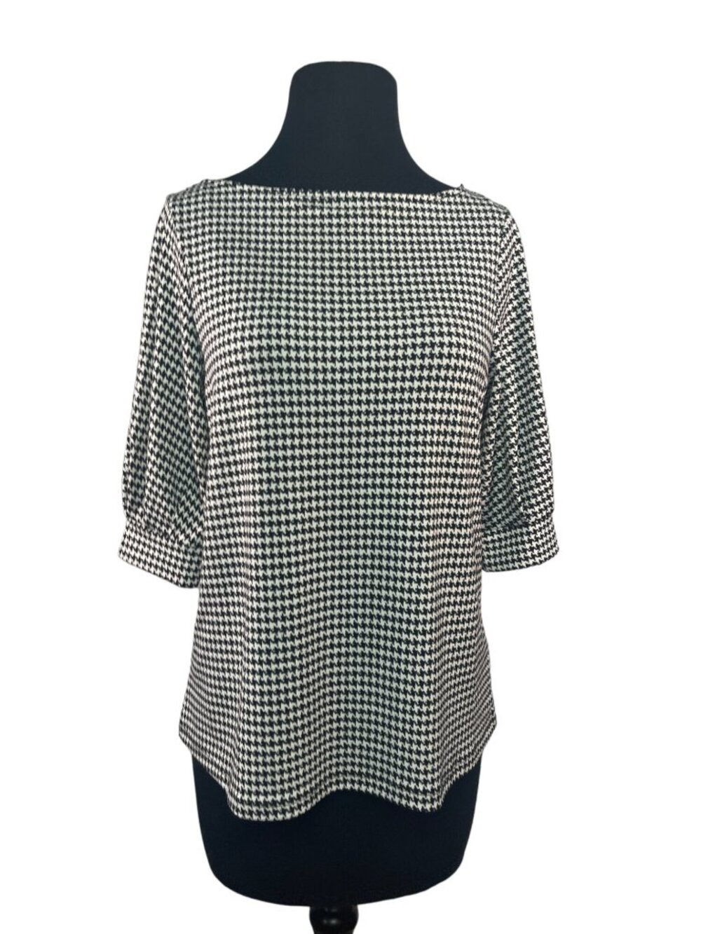 H&M Womens Houndstooth Top Black & White Size Small Relaxed Fit Banded Sleeve